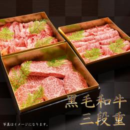 【厳選ギフトB】九州産 黒毛和牛三段重(ステーキ・焼肉・すき焼き)